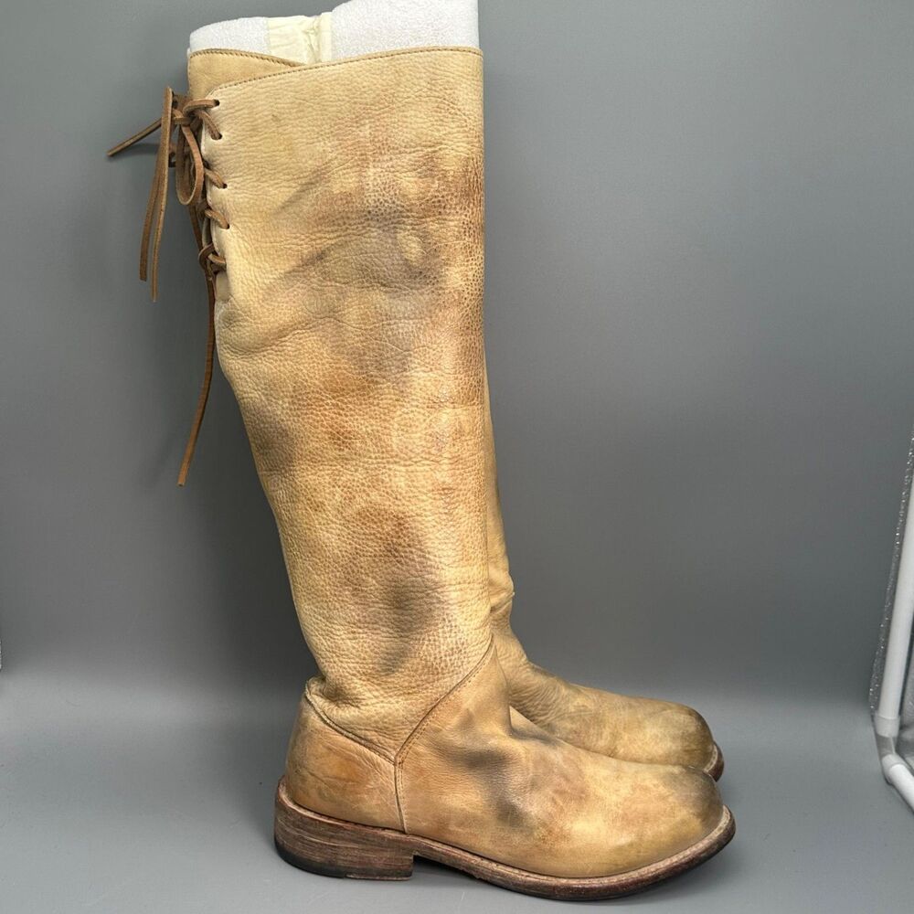 Bed Stu Manchester Distressed Tall Boots Womens Size 6.5 Tan Shoes Back Lace